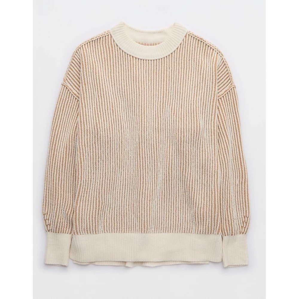 NWT Aerie Ribbed Chenille Knit Sweater XS Tan Cream Striped Balloon Sleeve